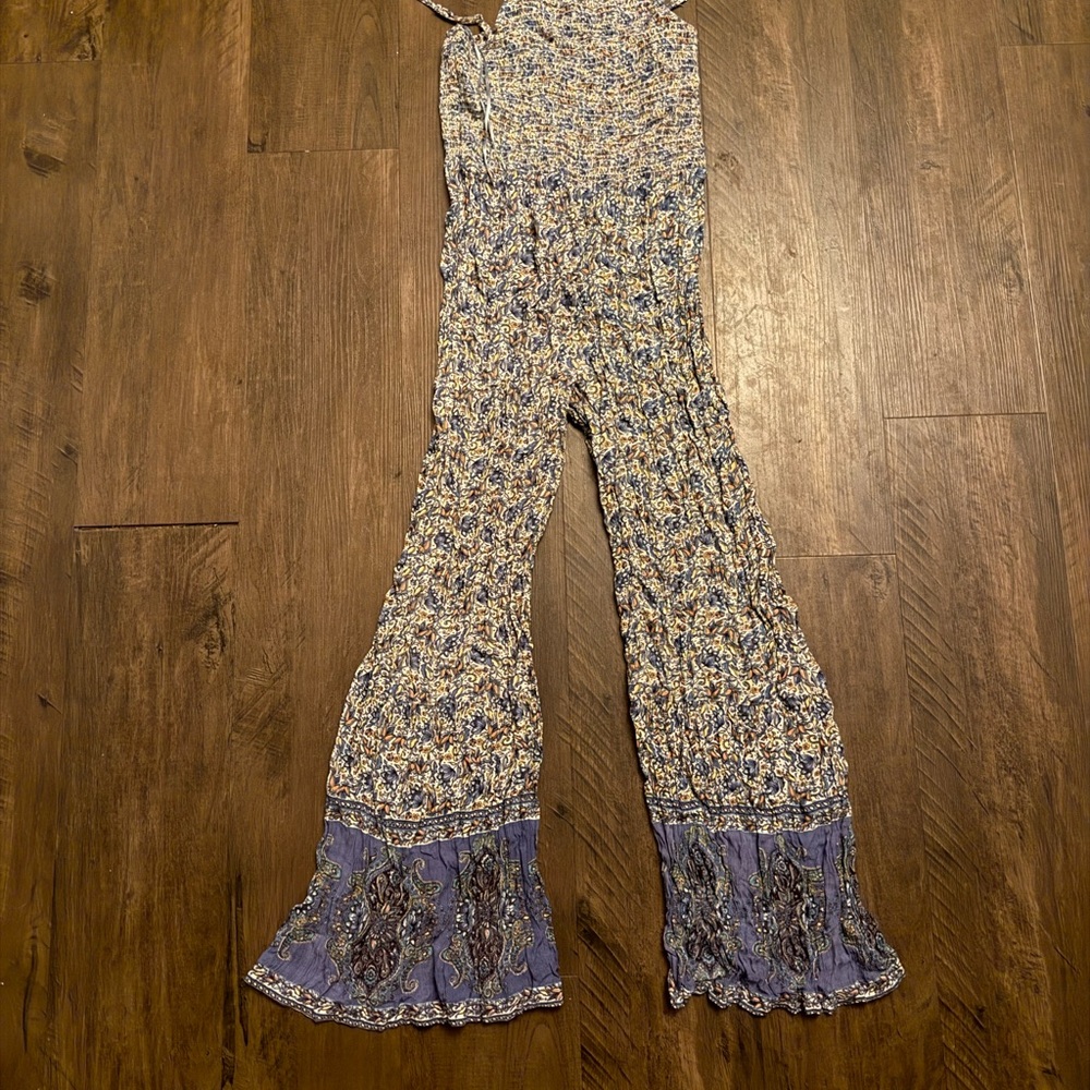 Angie Blue and Cream Boho Jumpsuit with Ruffled Hem